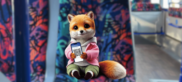 Ein Fuchs sitzt in einem öffentlichen Bus. Er trägt einen weißen Pullover, darüber eine dünne Pinke Jacke und eine grüne Hose. In der Hand hält er ein Smartphone mit einem QR Code.